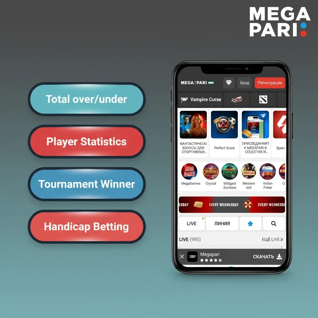 MegaPari ilovasida garov turlari ekrani: Yakka, Ekspress, Sistema, Live, Handicap; kuponda aniq, tanlash oson.