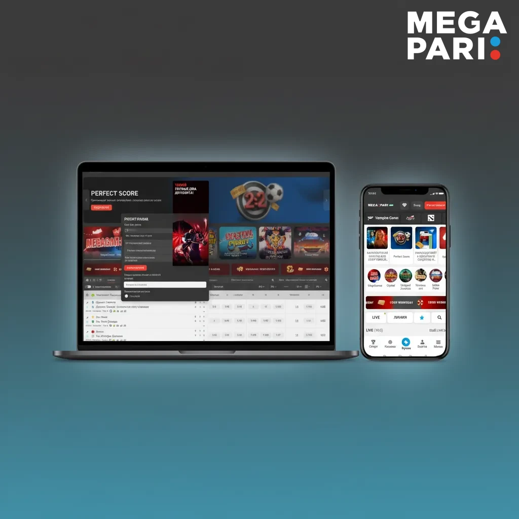 MegaPari interfeysi: yuqori menyu—Sport, LIVE, Kiber sport, Kazino; asosiyda mashhur o‘yinlar, tez tanlovlar va login