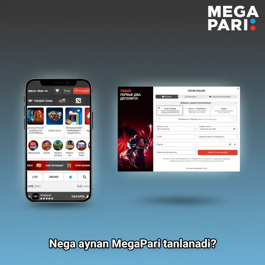 MegaPari afzalliklari: qulay koeffitsiyentlar, tez to‘lovlar, ko‘p usullar, live bo‘lim, o‘zbekcha interfeys, bonuslar.
